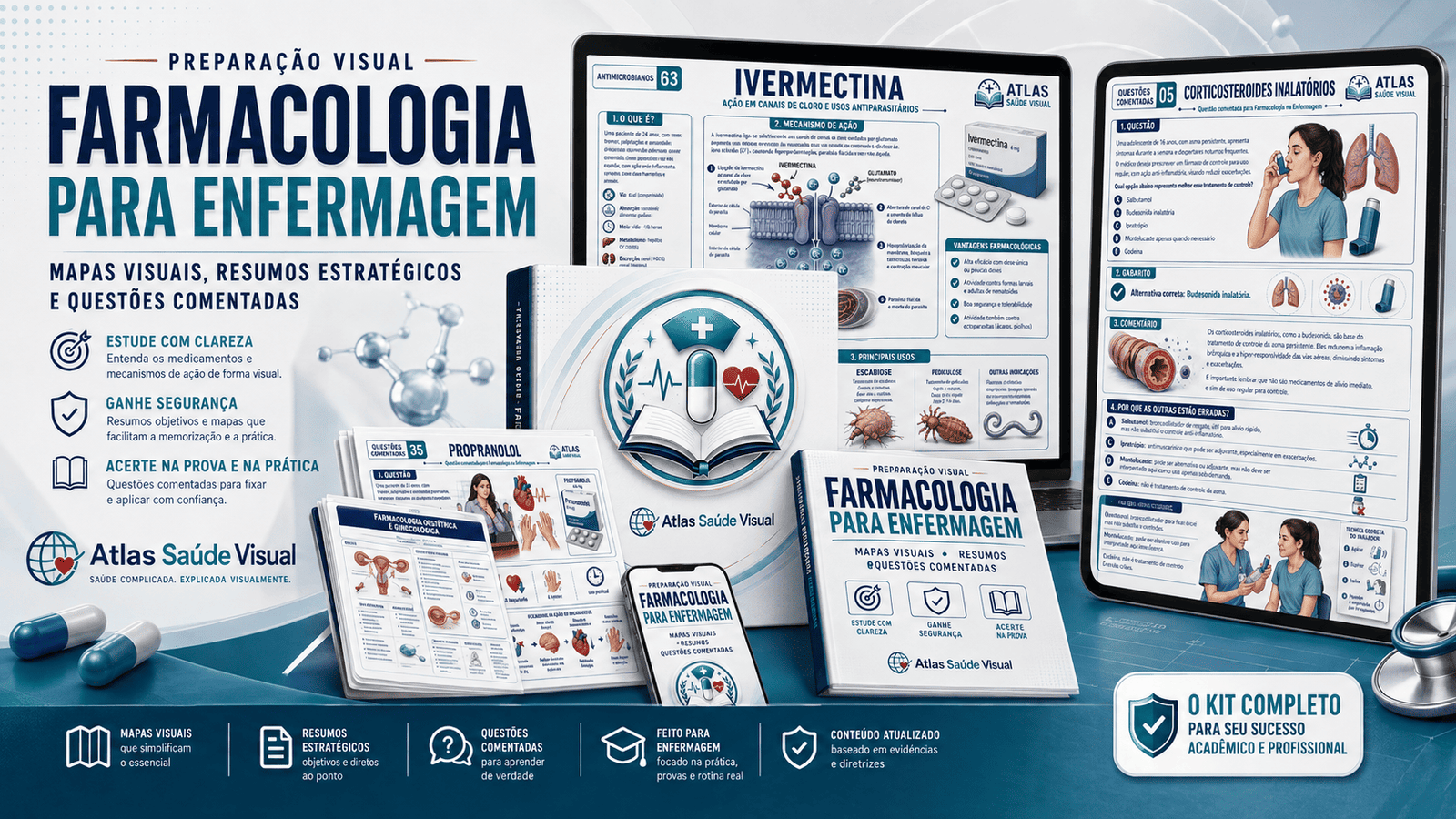 Mockup do material Farmacologia para Enfermagem - Atlas Saúde Visual